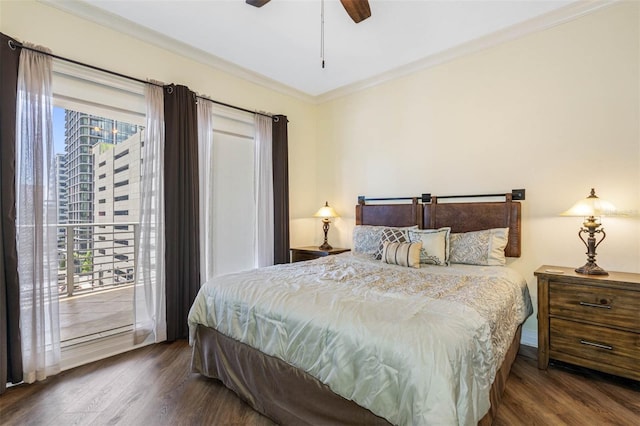 bedroom with ornamental molding, ceiling fan, access to exterior, and dark hardwood / wood-style floors