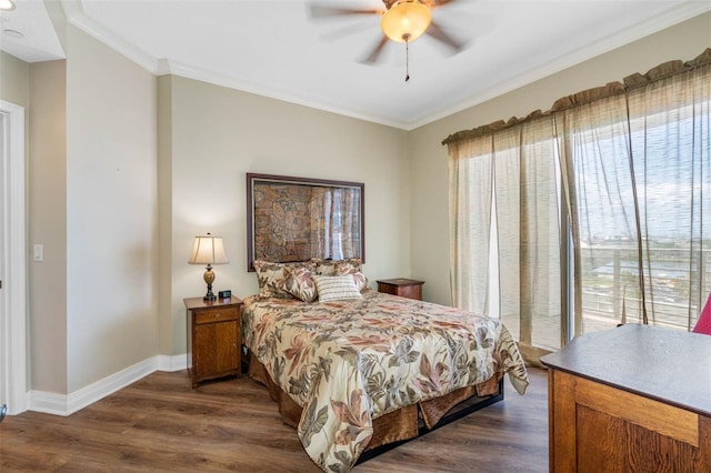 bedroom featuring ceiling fan, dark hardwood / wood-style floors, and multiple windows