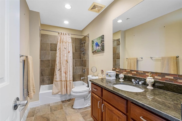 full bathroom with shower / bath combo, tile floors, vanity, backsplash, and toilet