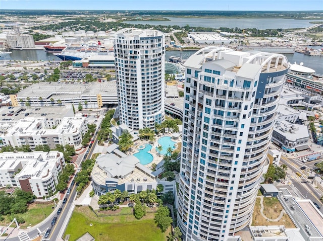 bird's eye view with a water view