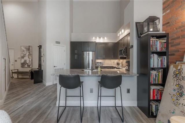 kitchen with light stone counters, a towering ceiling, light hardwood / wood-style floors, stainless steel appliances, and kitchen peninsula