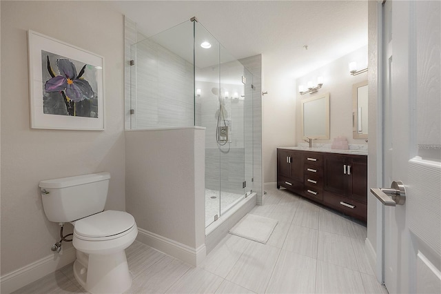 bathroom featuring an enclosed shower, vanity, toilet, and tile flooring