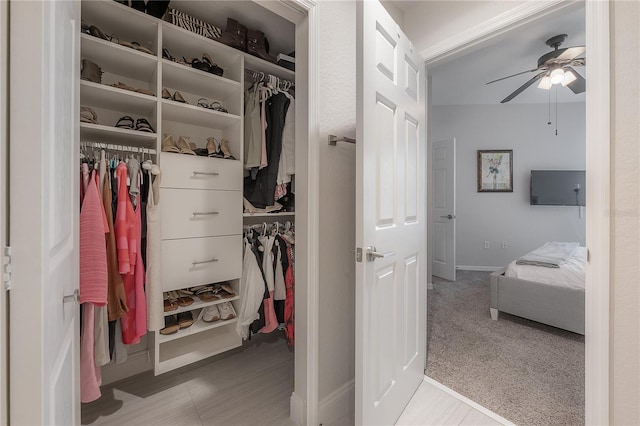 walk in closet featuring lofted ceiling, ceiling fan, and carpet