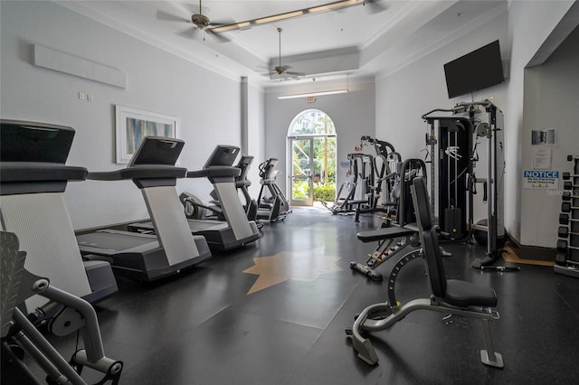 exercise room featuring ceiling fan, a tray ceiling, and ornamental molding