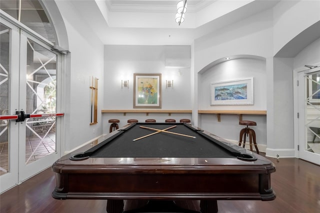 playroom with french doors, wood-type flooring, pool table, and a tray ceiling