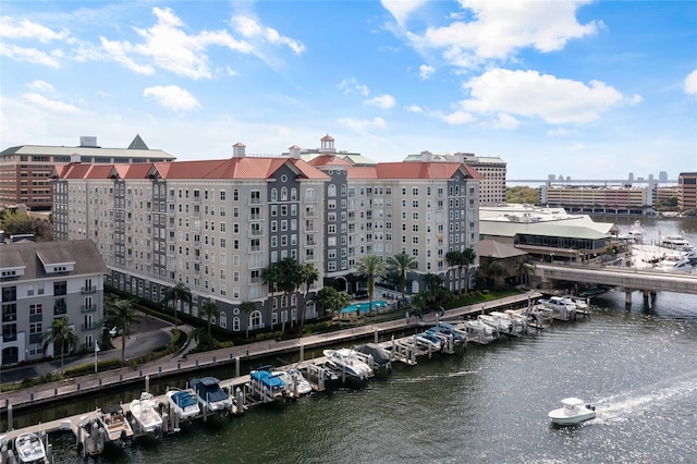 bird's eye view with a water view