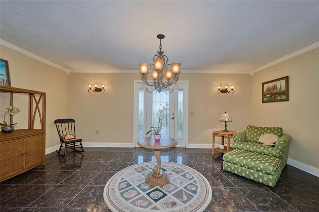 sitting room with crown molding and an inviting chandelier