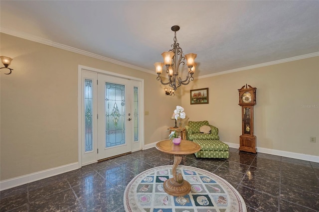 sitting room featuring an inviting chandelier and ornamental molding