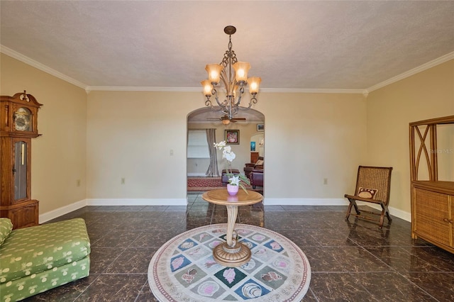 dining room with ornamental molding, a textured ceiling, and a chandelier