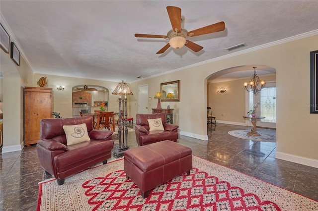 living room with a textured ceiling, ceiling fan with notable chandelier, and crown molding