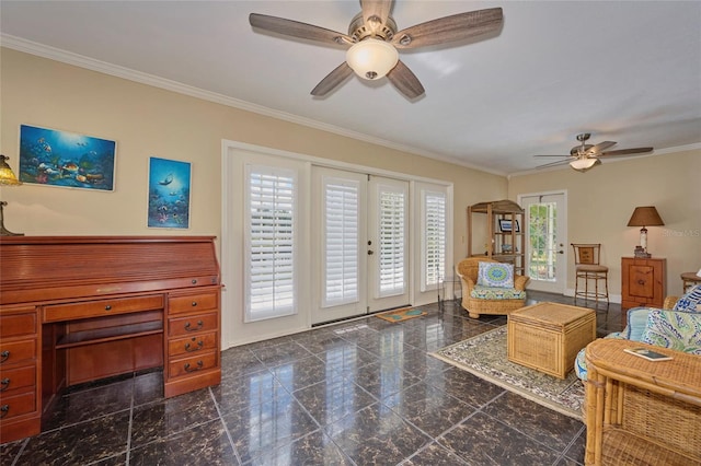 living room featuring ceiling fan, crown molding, a wealth of natural light, and french doors