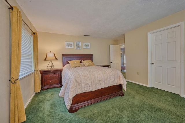 carpeted bedroom with a textured ceiling and multiple windows