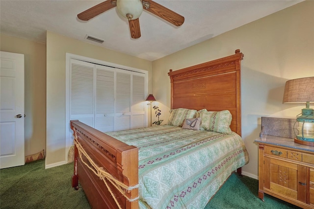 bedroom featuring ceiling fan, a closet, and dark carpet