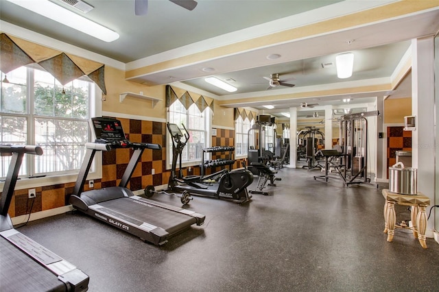 workout area with a wealth of natural light and ceiling fan