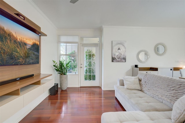 living room with ornamental molding and dark hardwood / wood-style floors