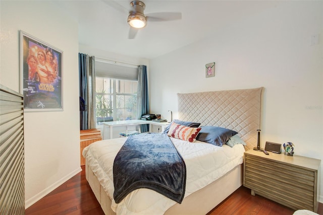 bedroom featuring ceiling fan and dark hardwood / wood-style flooring