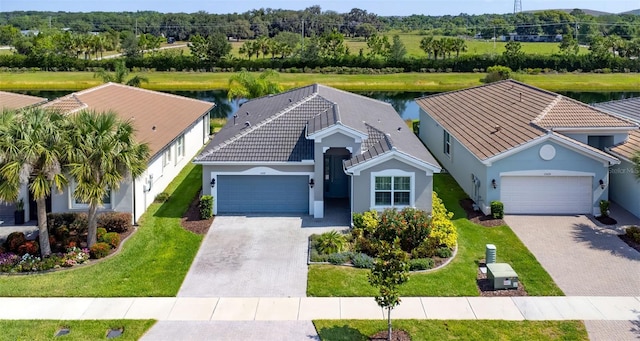 view of front of home with a front yard, a water view, and a garage