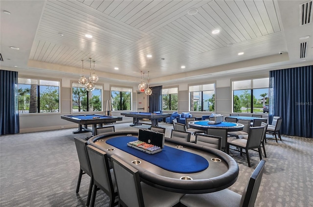 rec room with a raised ceiling, carpet, wood ceiling, and pool table