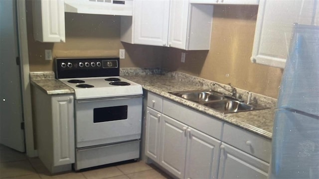 kitchen with light tile flooring, white cabinetry, fume extractor, sink, and electric stove