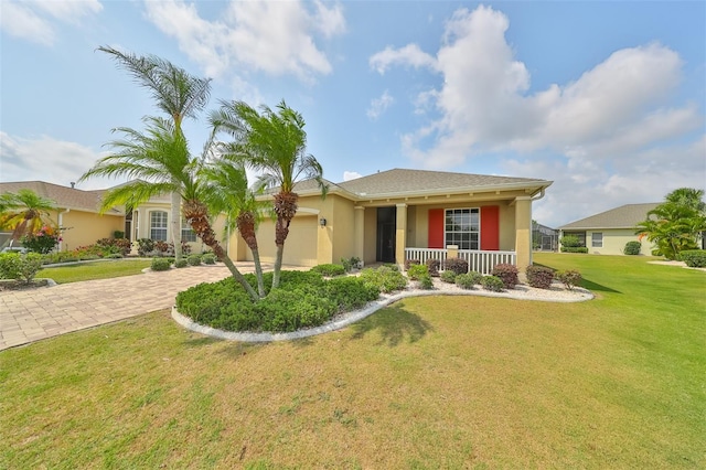 single story home featuring a front lawn and a garage