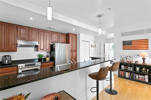 kitchen with stainless steel appliances, light hardwood / wood-style floors, pendant lighting, and dark stone countertops