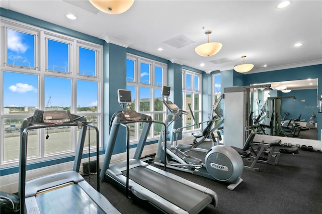 workout area with crown molding