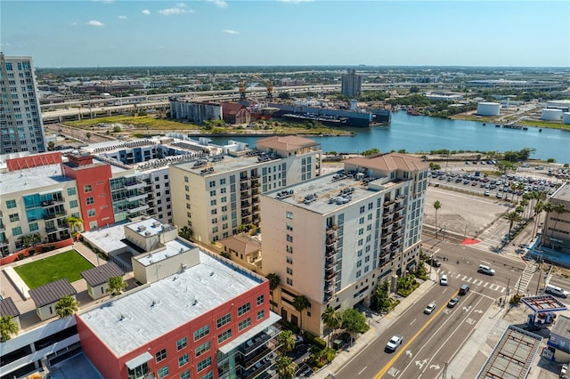 drone / aerial view featuring a water view