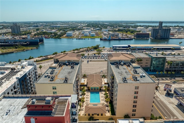 birds eye view of property featuring a water view