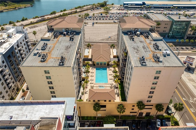 aerial view featuring a water view