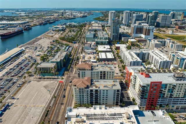 bird's eye view with a water view