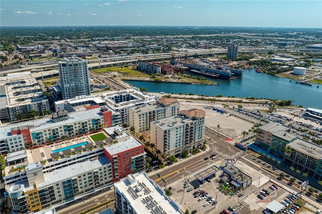 bird's eye view with a water view