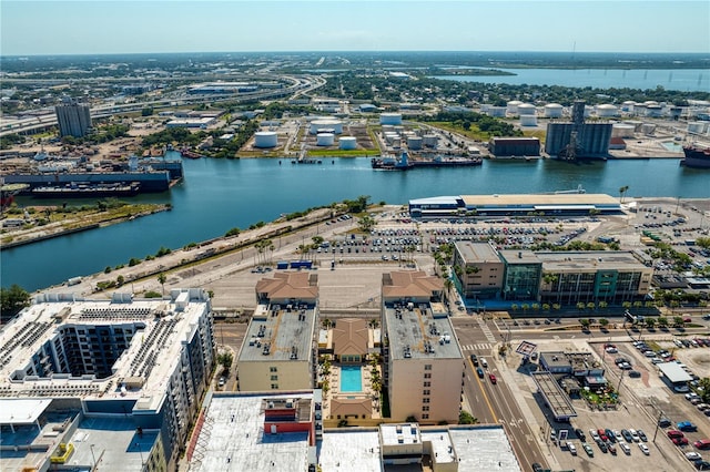 drone / aerial view featuring a water view