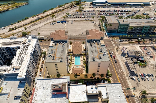 bird's eye view with a water view