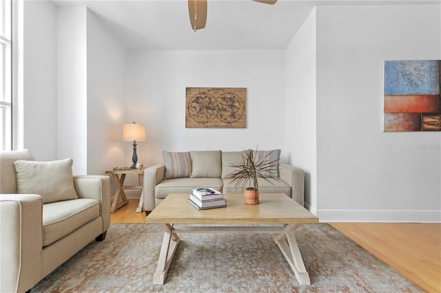 living room with ceiling fan and hardwood / wood-style flooring