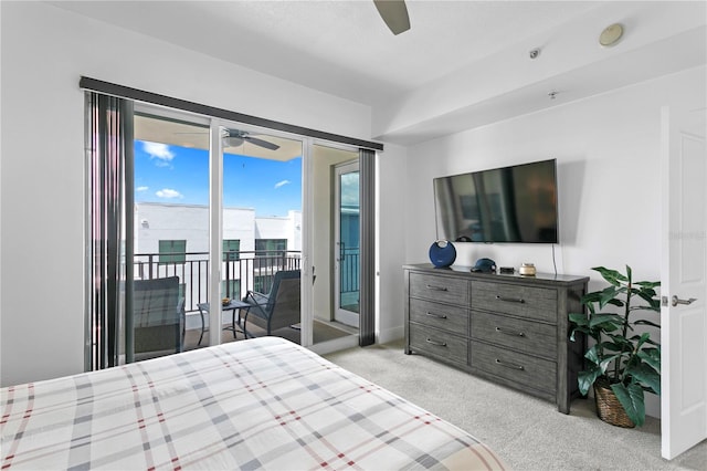 carpeted bedroom with ceiling fan and access to outside