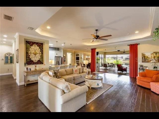 living room featuring a raised ceiling, ceiling fan, and dark hardwood / wood-style flooring