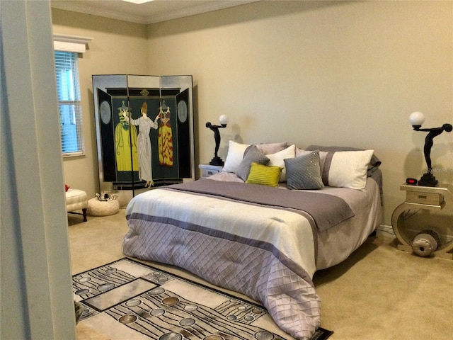 bedroom with ornamental molding and light carpet