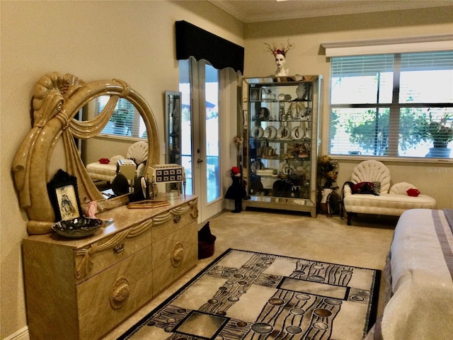 bedroom featuring crown molding, access to exterior, and light colored carpet