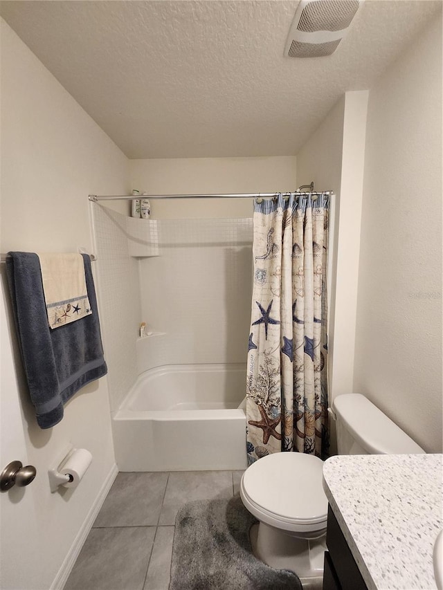 full bathroom featuring vanity, toilet, a textured ceiling, and shower / bathtub combination with curtain