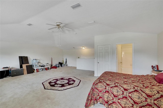 bedroom featuring light colored carpet, ceiling fan, and lofted ceiling