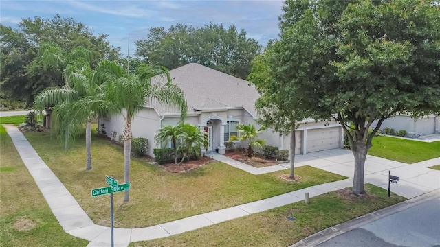 obstructed view of property featuring roof with shingles, stucco siding, an attached garage, a front yard, and driveway