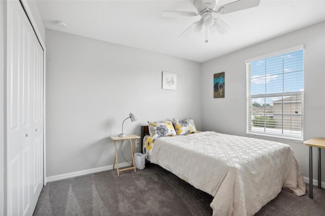 bedroom featuring a closet, carpet floors, and ceiling fan