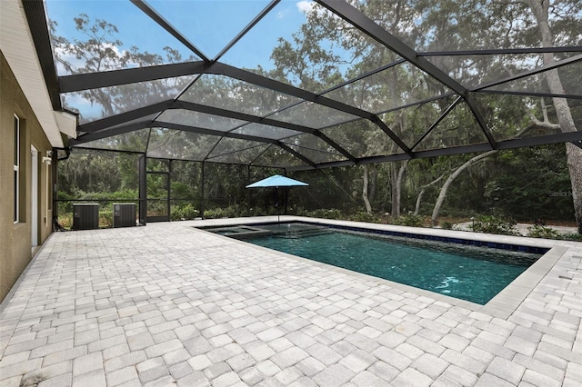 view of swimming pool with a patio area and glass enclosure