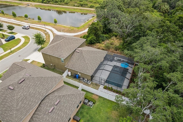 drone / aerial view with a water view