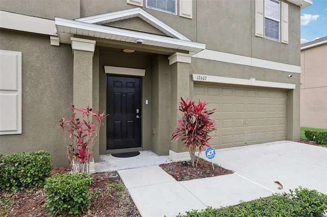 doorway to property featuring driveway, an attached garage, and stucco siding