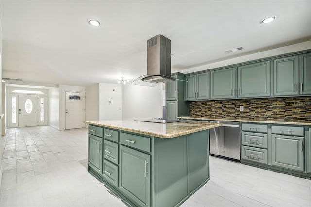 kitchen with backsplash, island range hood, dishwasher, a kitchen island, and green cabinets