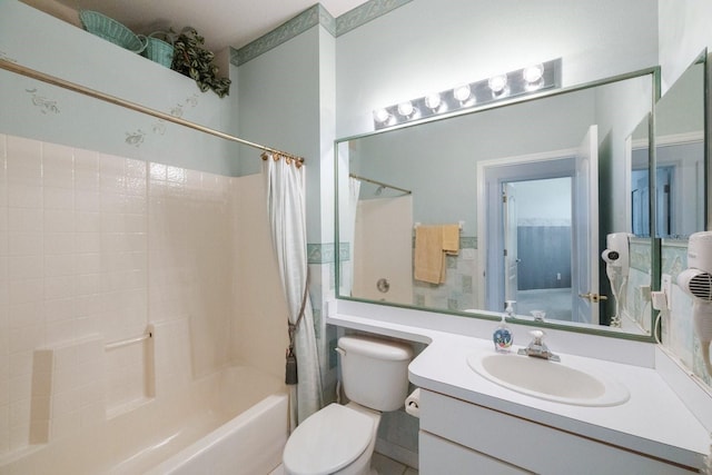 full bathroom with shower / bathtub combination with curtain, vanity, and toilet