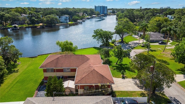 aerial view featuring a water view