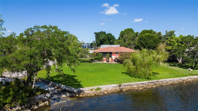 aerial view featuring a water view