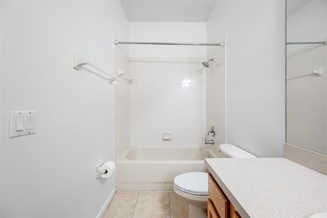 full bathroom featuring tiled shower / bath, toilet, tile floors, and large vanity